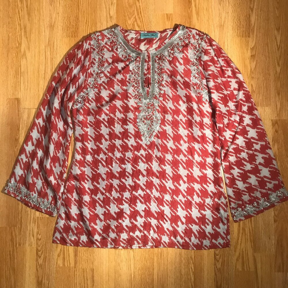 Feather Boa 100% Silk Houndstooth Tunic Style Blouse with Bead Detailing